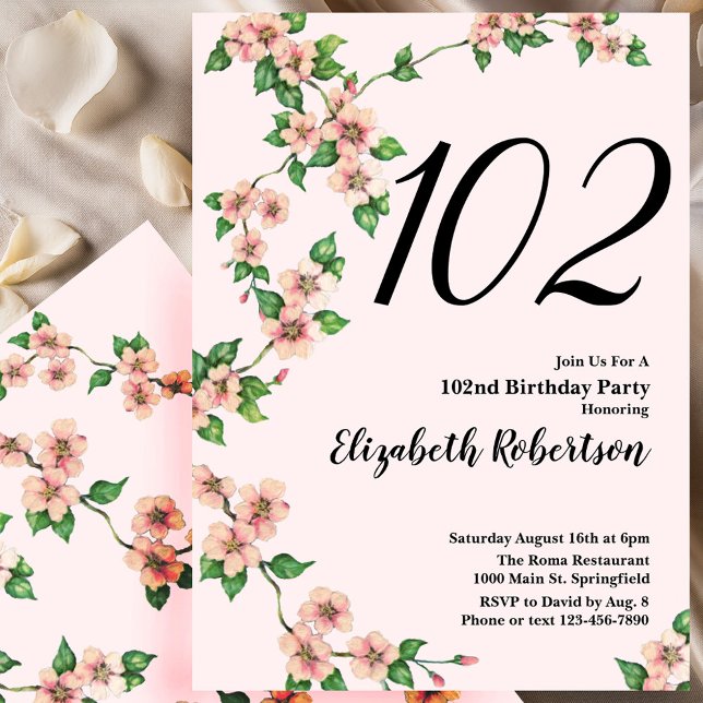 Invitation d'anniversaire 102 ans florale en rose  (Créateur téléchargé)