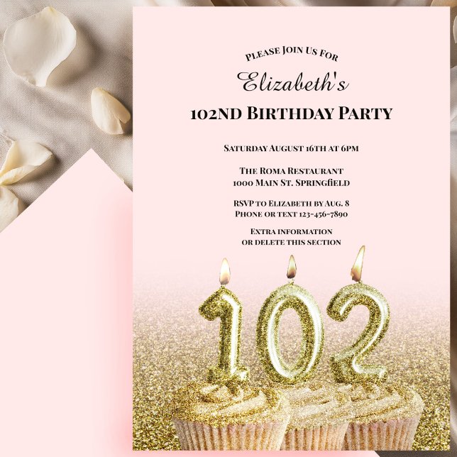 Invitation d'anniversaire 102 ans rose et or pour  (Créateur téléchargé)