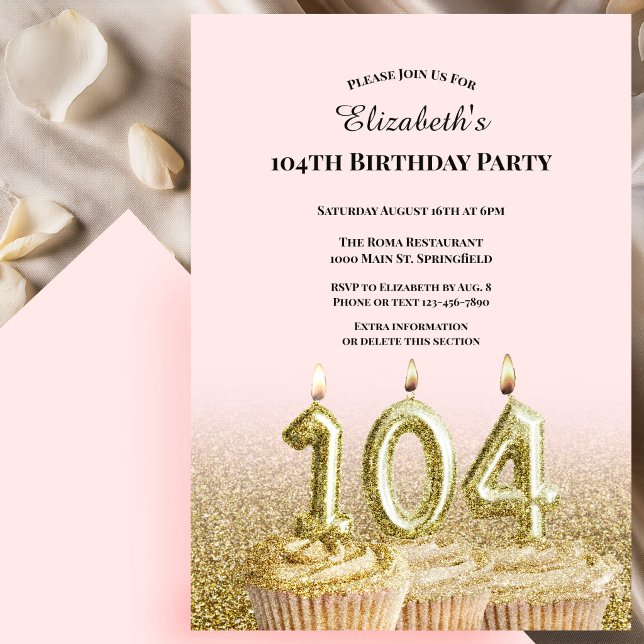 Invitation d'anniversaire 104 ans rose et or pour  (Créateur téléchargé)