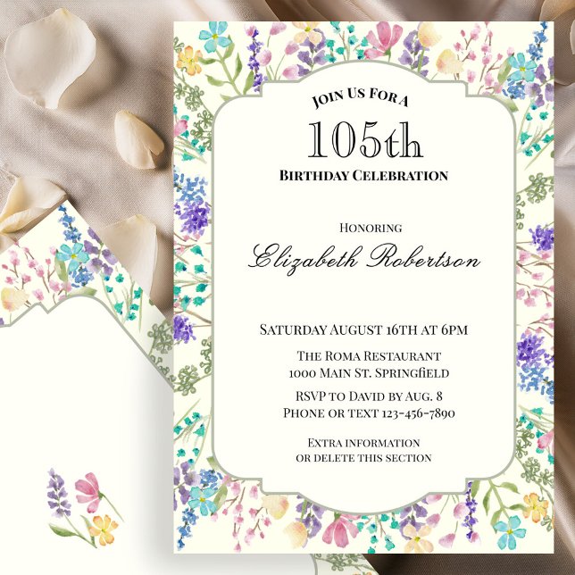 Invitation d'anniversaire 105 ans à motif floral c (Créateur téléchargé)