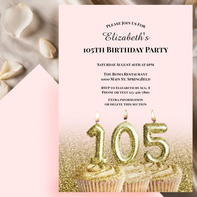 Invitation d'anniversaire 105 ans rose et or pour  (Créateur téléchargé)