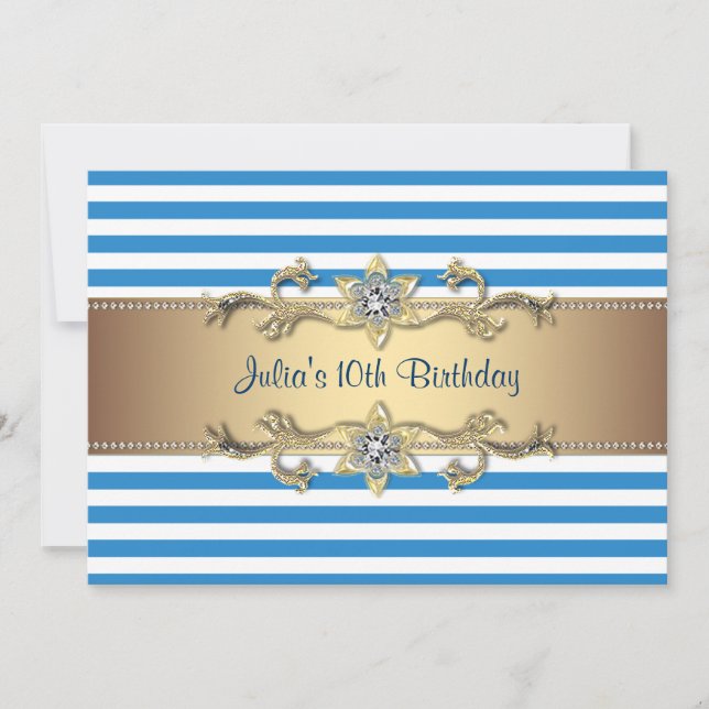 Invitation d'anniversaire 10 ans Blue Stripe Gold  (Devant)