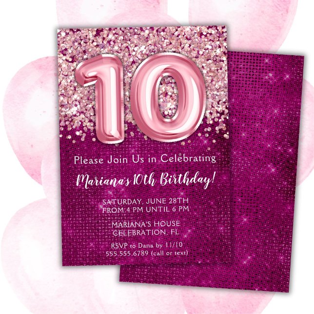 Invitation d'anniversaire 10 ans Fille Magenta Ros (Créateur téléchargé)
