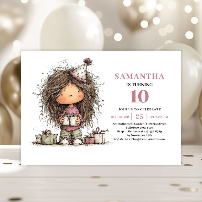 Invitation d'anniversaire 10 ans fille mignonne fa (Cute Whimsy Girl 10th Birthday Invite Pink)
