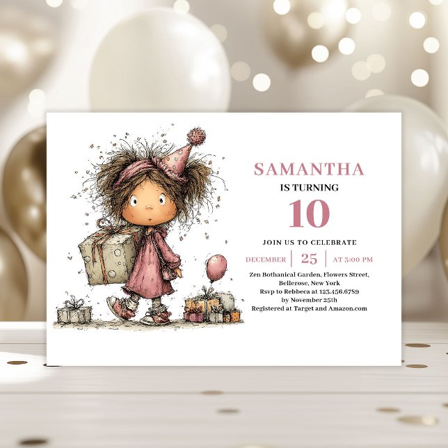 Invitation d'anniversaire 10 ans Funny Girl Dusty  (Funny Girl 10th Birthday Invitation Dusty Pink)