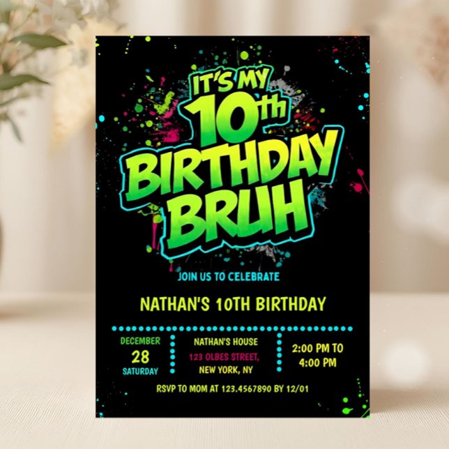 Invitation d'anniversaire 10 ans garçon style néon (neon 10th birthday invitation, double digits birthday invitation, editable double digits invitation,)