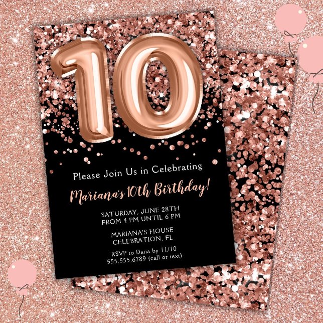 Invitation d'anniversaire 10 ans Noir Rose Or Pail (Créateur téléchargé)