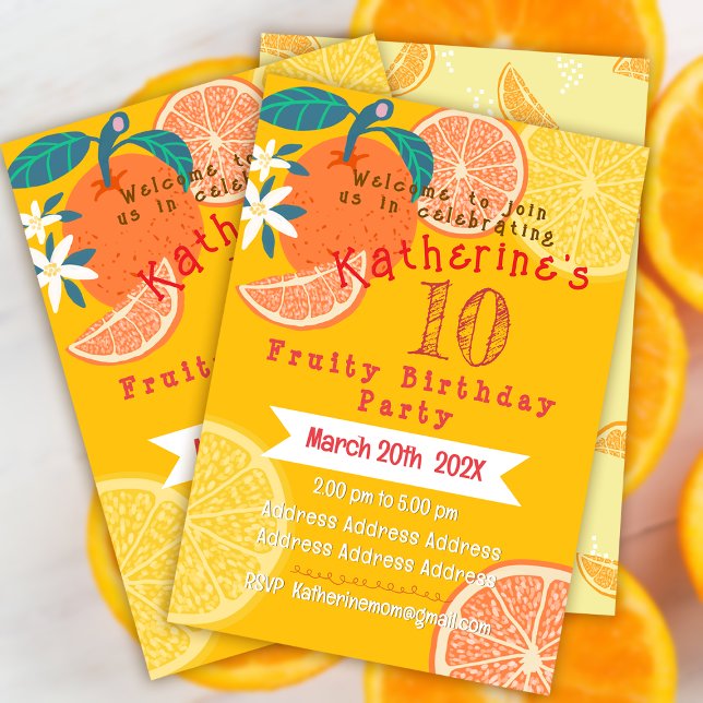 Invitation d'anniversaire 10 ans Orange Fruité (Orange Fruity Birthday Invitation Card.)