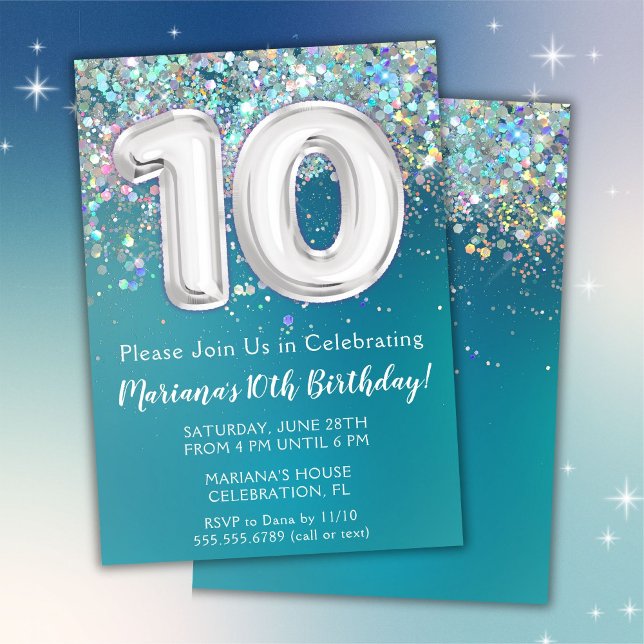 Invitation d'anniversaire 10 ans Paillettes Turquo (Créateur téléchargé)