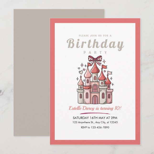 Invitation d'anniversaire 10 ans pour filles du Ch (Devant / Derrière)