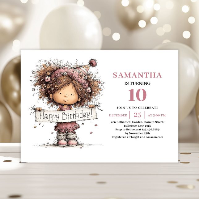 Invitation d'anniversaire 10 ans pour une jolie pe (Cute Toddler Girl 10th Birthday Invite Pink)
