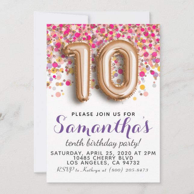 Invitation d'anniversaire 10 ans Rose Gold (Devant)