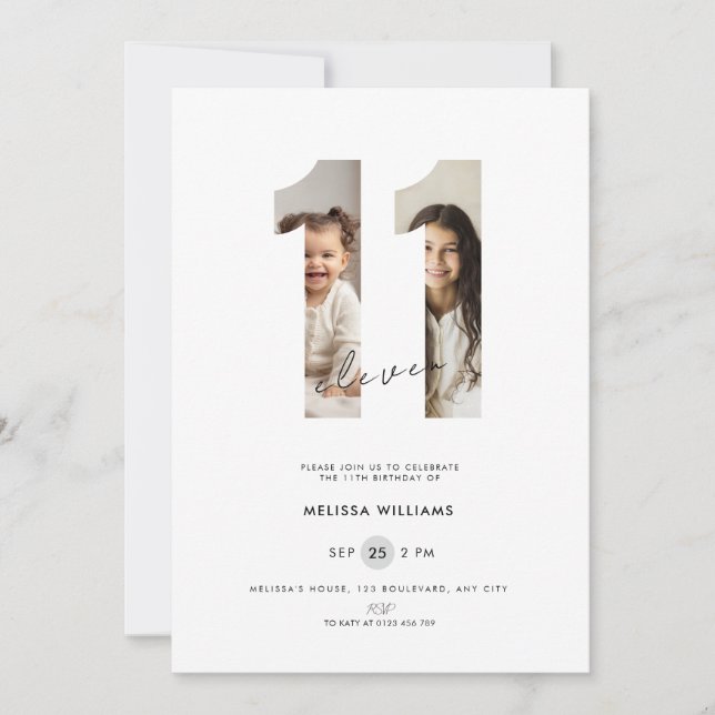 Invitation d'anniversaire 11 ans avec photo - Blan (Devant)