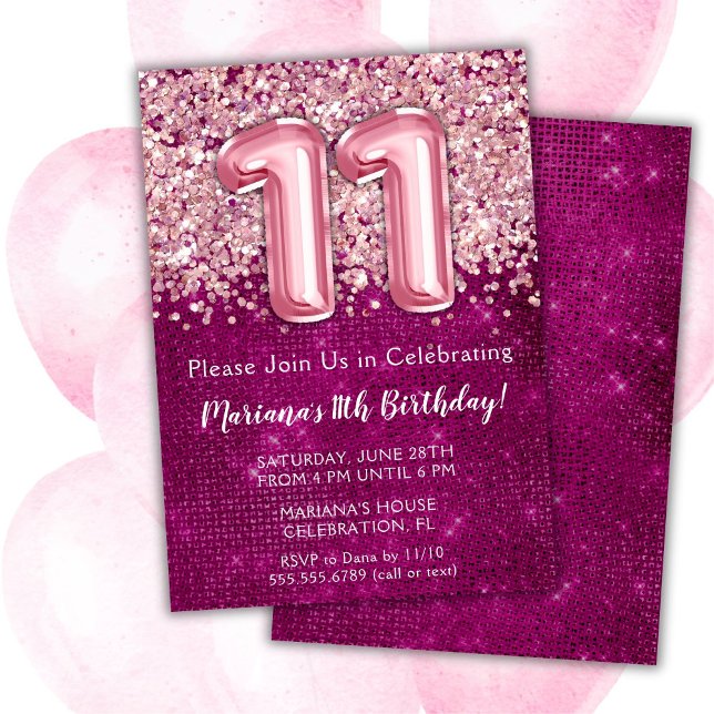 Invitation d'anniversaire 11 ans Fille Magenta Ros (Créateur téléchargé)