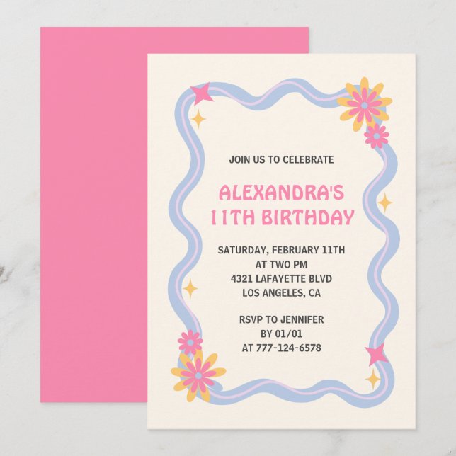 Invitation d'anniversaire 11 ans Fleurs roses rétr (Devant / Derrière)
