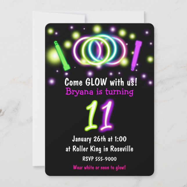 Invitation d'anniversaire 11 ans GLOW Lights Age 1 (Devant)