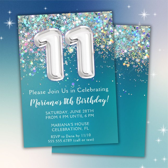 Invitation d'anniversaire 11 ans Teal Pailleté Arg (Créateur téléchargé)