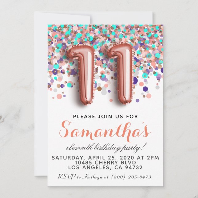 Invitation d'anniversaire 11ème Rose Gold (Devant)