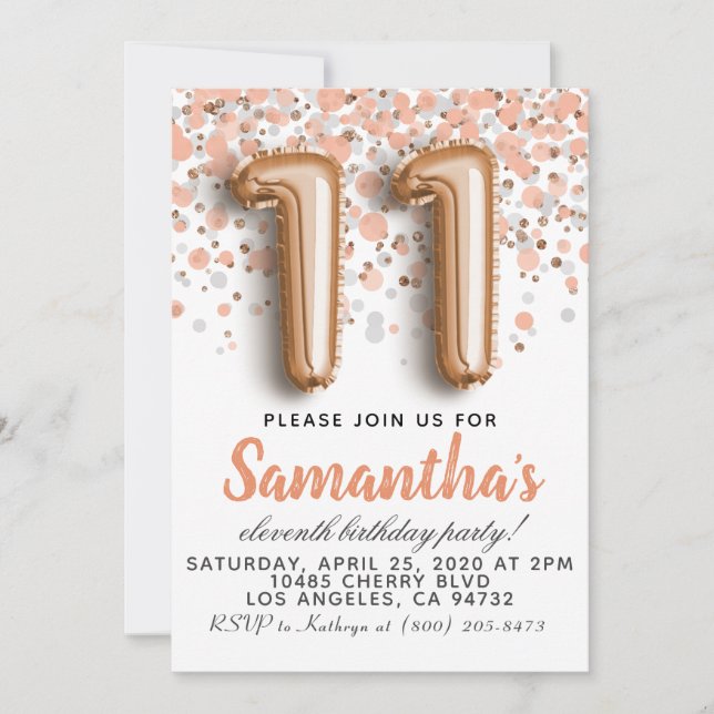 Invitation d'anniversaire 11ème Rose Gold (Devant)