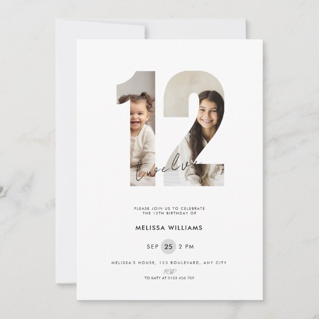 Invitation d'anniversaire 12 ans avec photo - Blan (Devant)