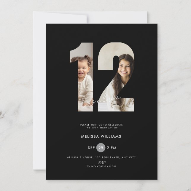 Invitation d'anniversaire 12 ans avec photo - Noir (Devant)
