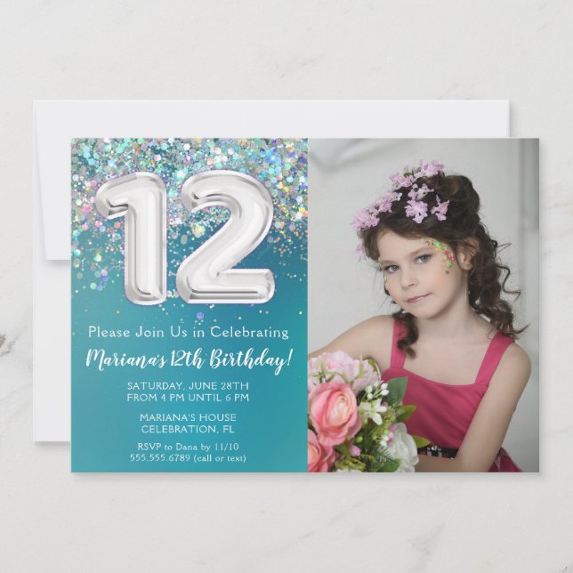 Invitation d'anniversaire 12 ans avec photo Teal A (Devant)