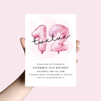 Invitation d'anniversaire 12 ans Ballon Rose
