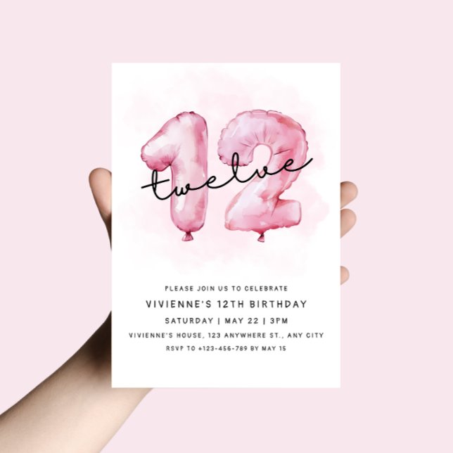 Invitation d'anniversaire 12 ans Ballon Rose (Créateur téléchargé)