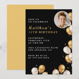 Invitation d'anniversaire 12 ans Black Gold Balloo
