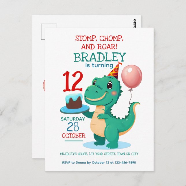 Invitation d'anniversaire 12 ans Dinosaure T Rex (Devant / Derrière)