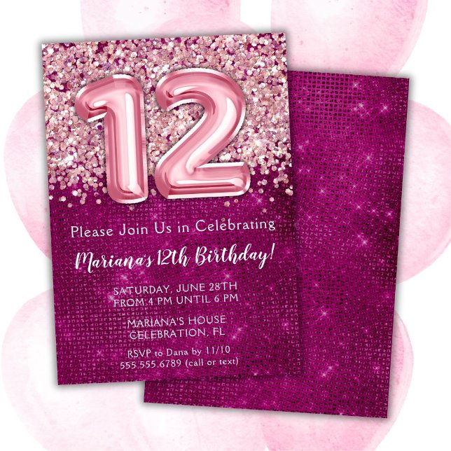 Invitation d'anniversaire 12 ans Fille Magenta Ros (Créateur téléchargé)