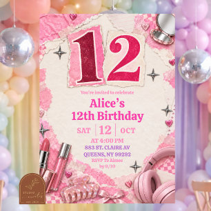 Invitation d'anniversaire 12 ans fille rose Y2k co