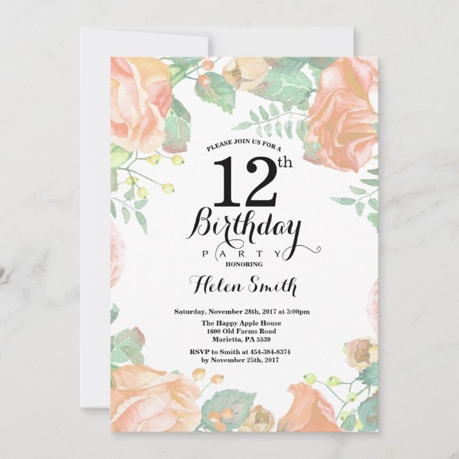 Invitation d'anniversaire 12 ans Fleur de Pêche Bo (Devant)