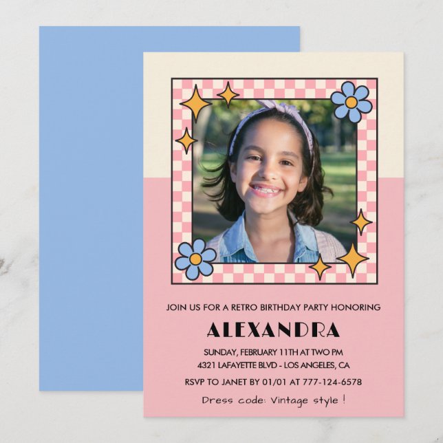 Invitation d'anniversaire 12 ans Fleurs roses rétr (Devant / Derrière)