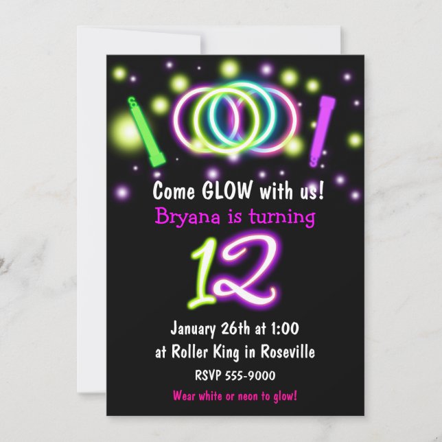 Invitation d'anniversaire 12 ans GLOW Lights (Devant)