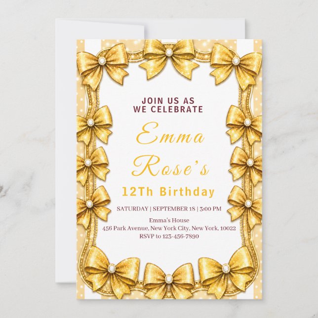 Invitation d'anniversaire 12 ans Golden Bow (Devant)