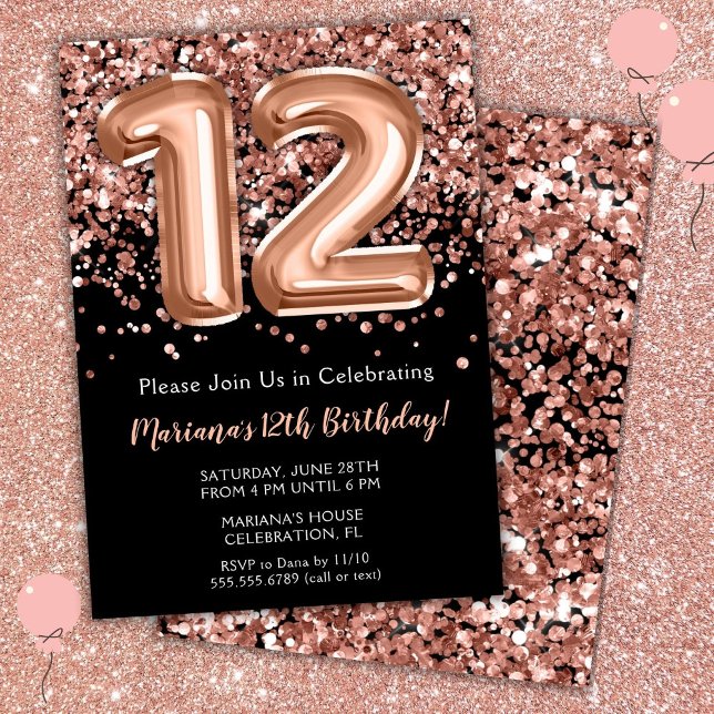 Invitation d'anniversaire 12 ans Noir Rose Or Pail (Créateur téléchargé)