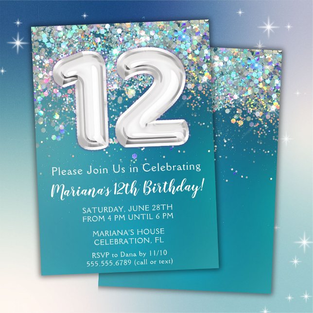 Invitation d'anniversaire 12 ans Paillettes Turquo (Créateur téléchargé)