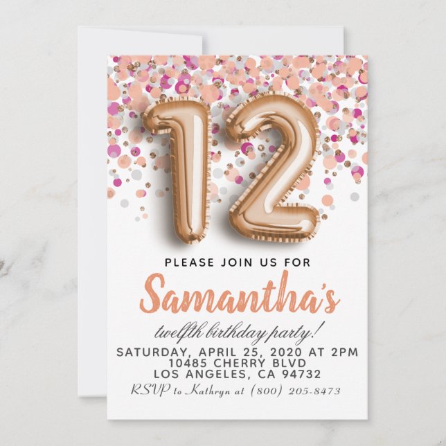 Invitation d'anniversaire 12 ans Rose Gold (Devant)