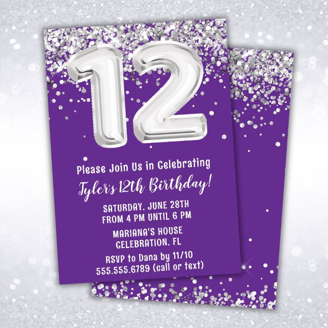 Invitation d'anniversaire 12 ans violet et argent (Créateur téléchargé)