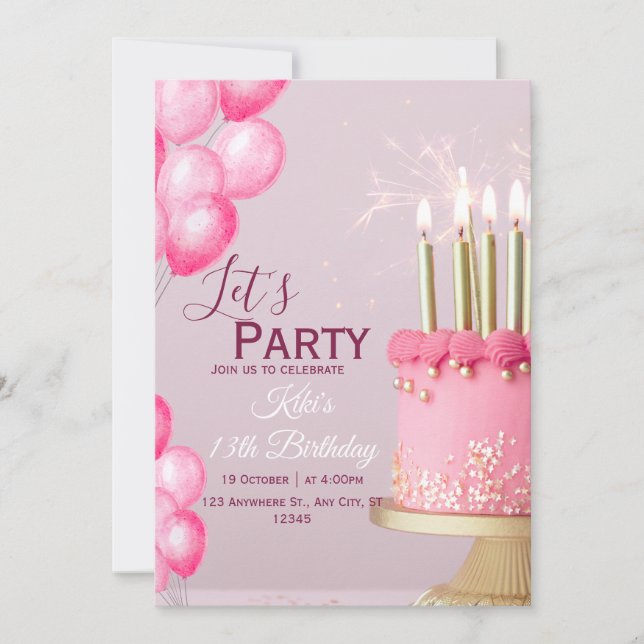 Invitation d'anniversaire 13 ans aquarelle rose (Devant)