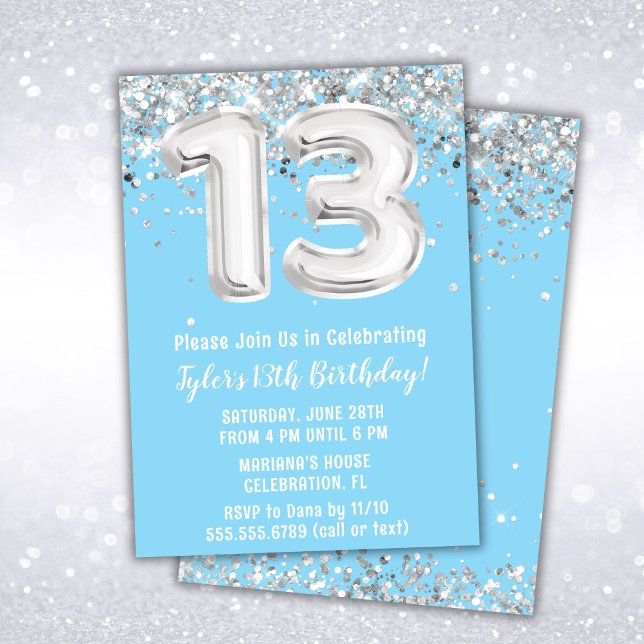 Invitation d'anniversaire 13 ans bleu clair et arg (Créateur téléchargé)