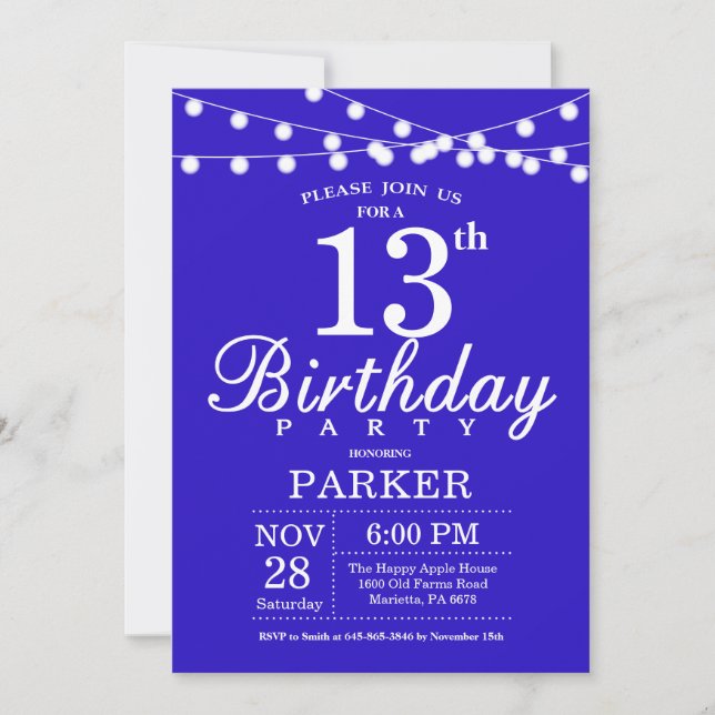 Invitation d'anniversaire 13 ans Bleu Royal (Devant)