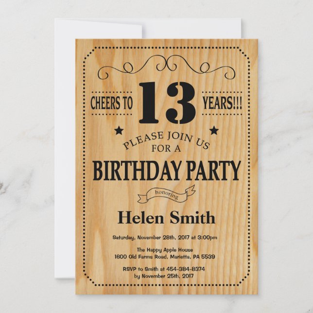 Invitation d'anniversaire 13 ans Bois Rustique (Devant)