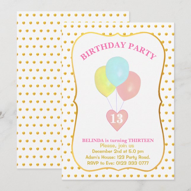 Invitation d'anniversaire 13 ans Cœur et Ballons (Devant / Derrière)