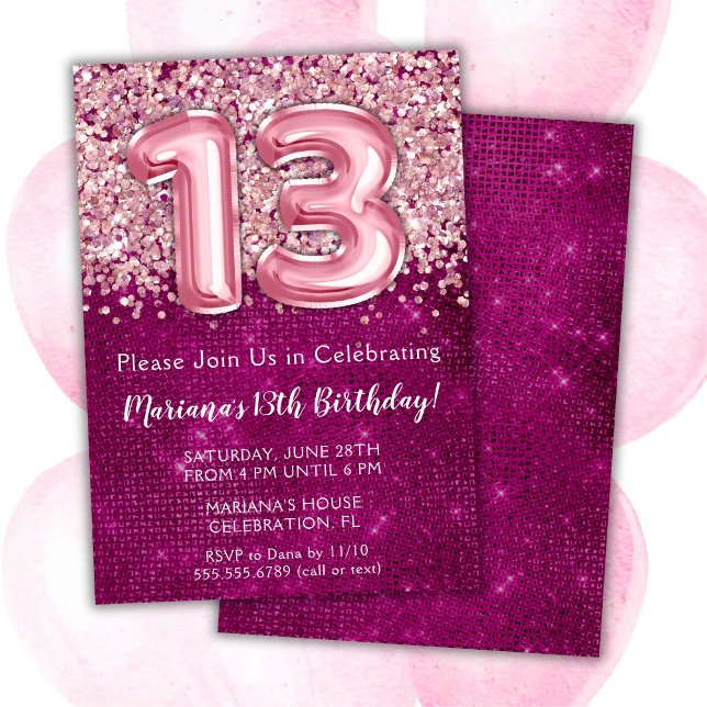 Invitation d'anniversaire 13 ans Fille Magenta Ros (Créateur téléchargé)