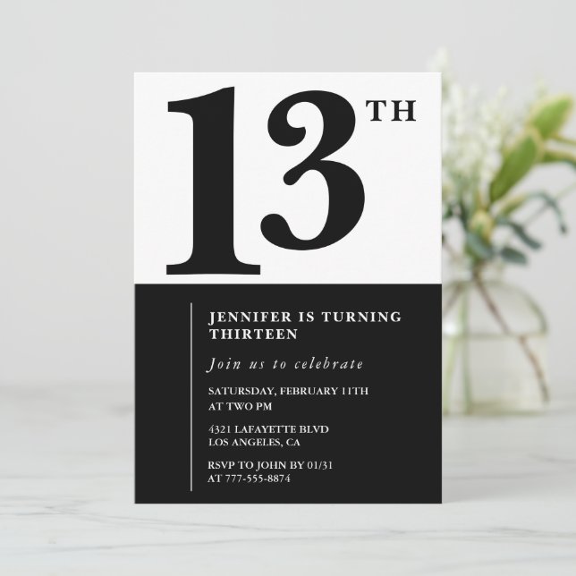 Invitation d'anniversaire 13 ans fille Noir Blanc  (Debout devant)