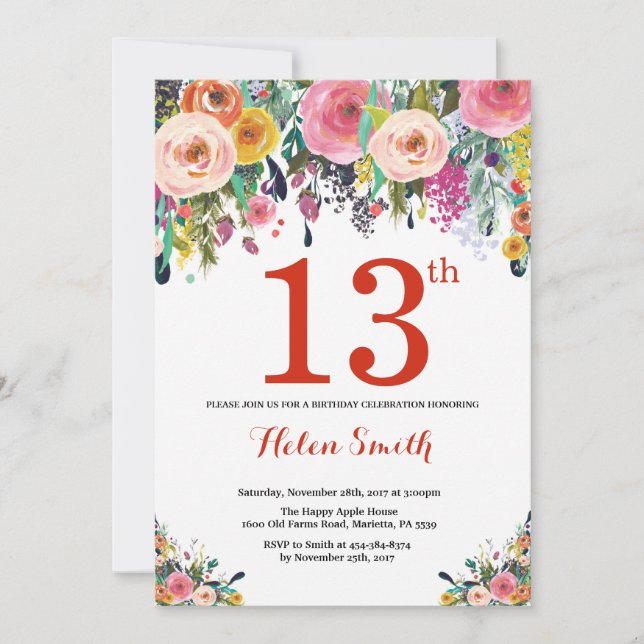 Invitation d'anniversaire 13 ans Floral Rouge (Devant)