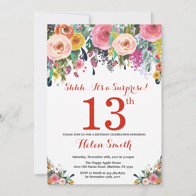 Invitation d'anniversaire 13 ans Floral Surprise R (Devant)