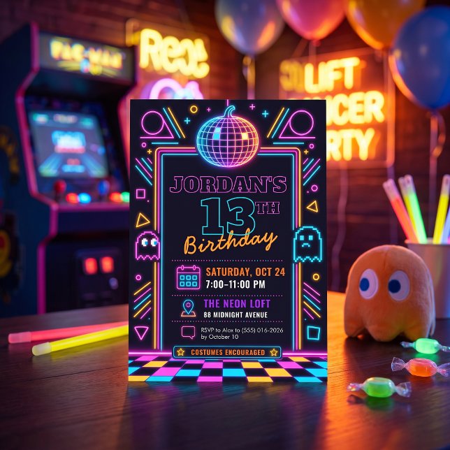 Invitation d'anniversaire 13 ans Neon Retro Arcade (Créateur téléchargé)